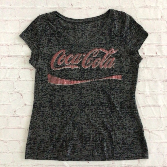 Coca-Cola Gray Burnout Distressed V-Neck Short Sleeve Tee - Size XL - Picture 1 of 5